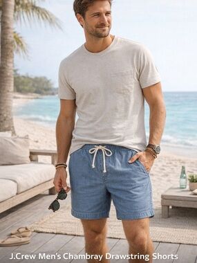 J. Crew Chambray Drawstring Shorts in Light Blue with Cream Drawcord